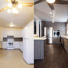 19 before after renovation shot of bland yellow and white kitchen with modern grey and white kitchen on right