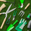 46 Green garden tools laid out on the grass