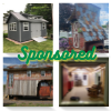 Four different sheds in a square collage with green sponsored word across center