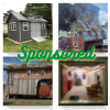 Collage of four sheds Four different sheds in a square collage with green sponsored word across center