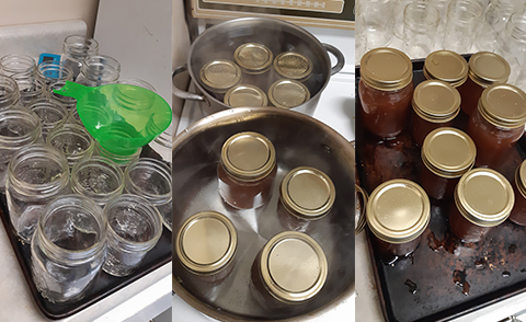 Filling jars with jam and setting them to boil.