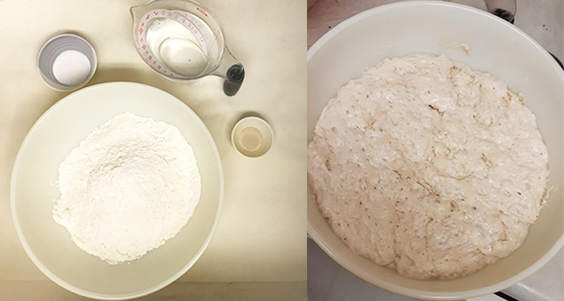 Ingredients and proofed dough for no-knead bread