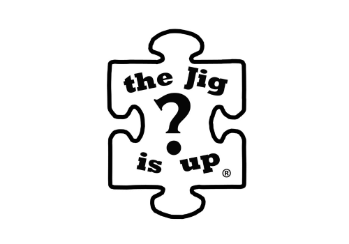 Black puzzle piece logo that says The Jig is Up? on white background