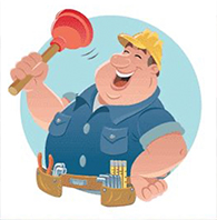 Snappy Services logo; a cartoon image of a portly plumber wielding a plunger and wearing a hard hat.