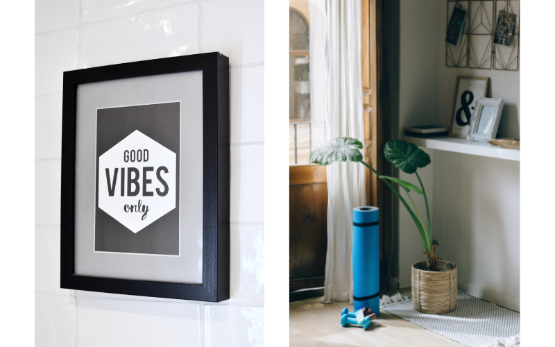 Split screen image. On left a black and white poster that says Good Vibes Only. On the right a blue rolled up yoga mat placed next to plants on the floor next to an open window