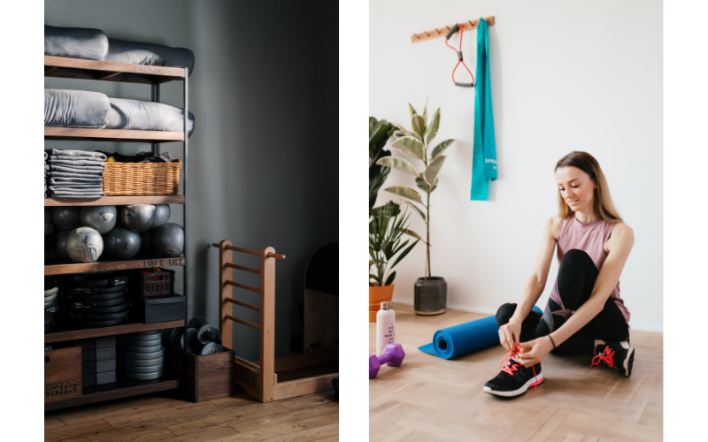 split screen of home closet shelving covered in workout equipment against black wall on left. On right, woman tying pink laces on black workout shoes sitting on floor with exercise band hanging on wall beside yoga mat