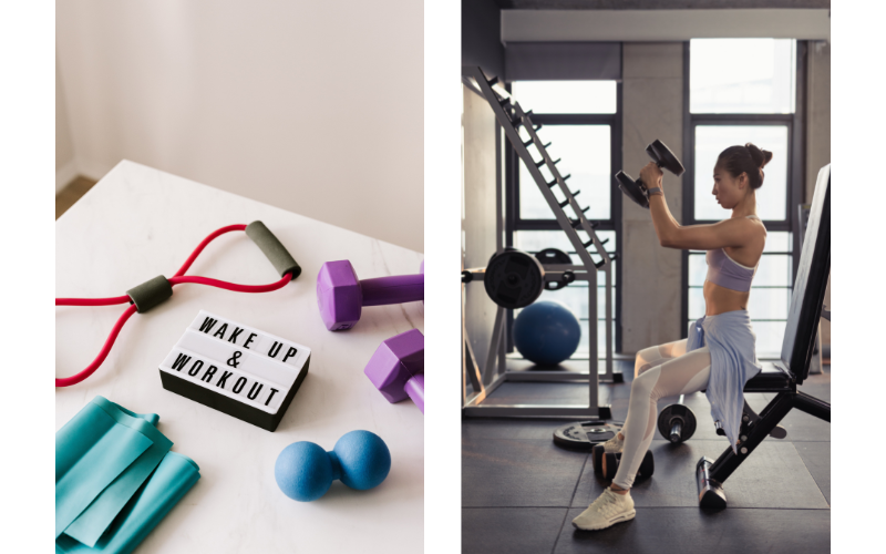 Split screen of bright colored exercise bands and a sign reading, GYM MEMBERSHIP OR HOME GYM? IN 2023