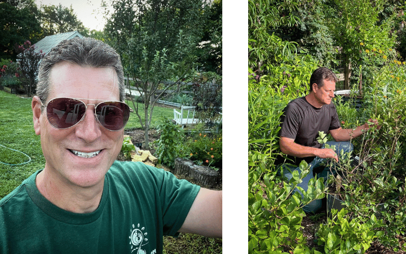 Gary Pilarchik selfie wearing sunglasses and green shirt split screen with Gary in the sunny garden wearing a black tshirt