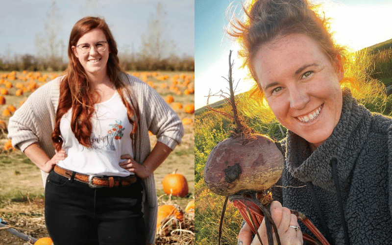 Split screen of Ashley with hands on hips in pumpkin patch beside selfie of her holding freshly picked beet