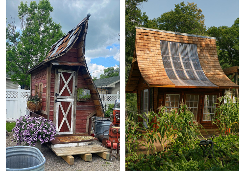 Custom wood and brick shed and green house in backyard big windows