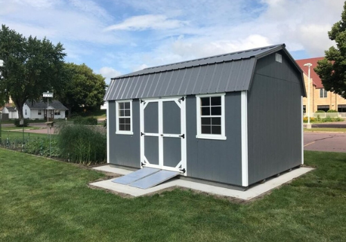 grey barn shed render mock up on grass white trim