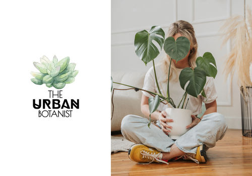 The Urban Botonist logo beside image of Emma Terrill sitting cross legged with large plant blocking her face