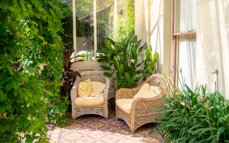 Two comfortable outdoor seats surrounded by plants in tiny backyard 