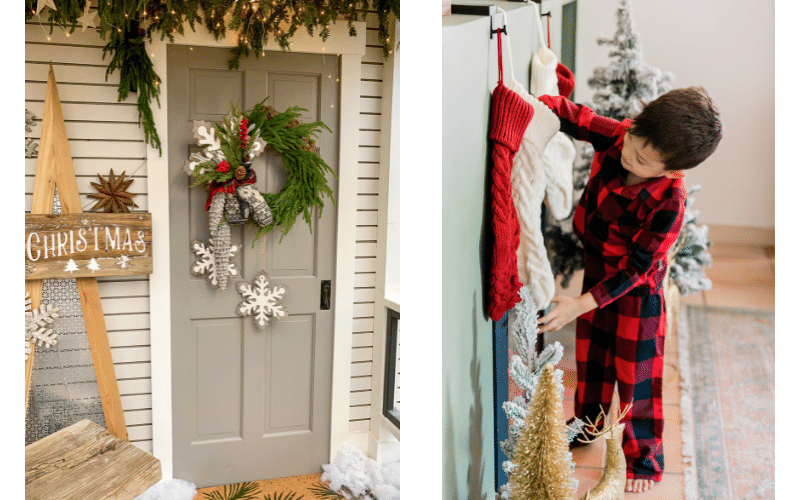 Split screen images. On left gret front door with hanging Christmas sign and green wreath and snowflakes. On right, a boy wearing red checkered pajamas hanging red and white stockings against wall