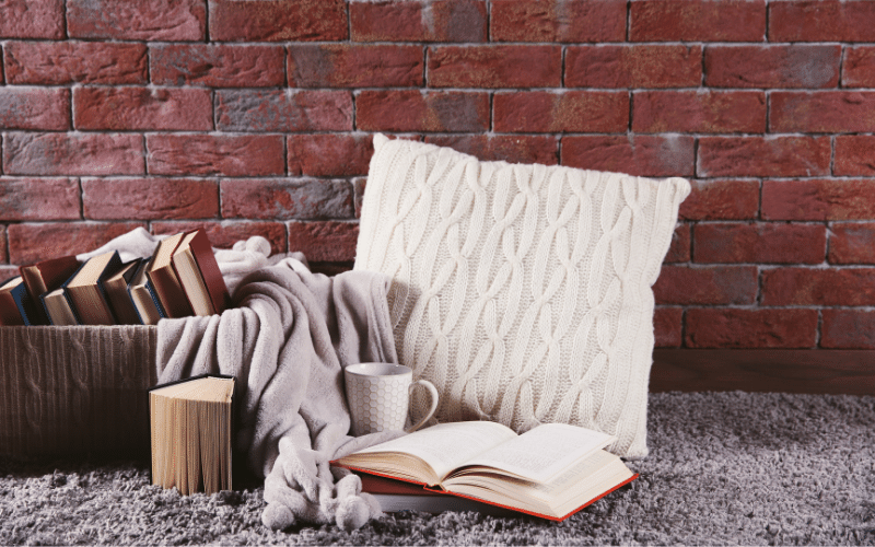 Argyle white throw pillow leaning against red brick wall over purple shag carpet. Box of books, white teacup and purple blanket that matches rug.