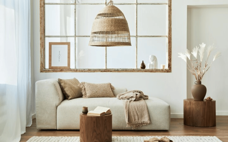 neutral designed room corner with beige couch, brown pillows, light brown throw blanket beside bright window white sheer curtains in front of large horizontal mirror