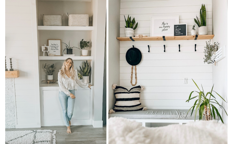 Split image with Heather Campbell on left in front of white shelf with plants and decor. On right is seating area, black and grey pillow with hooks and plants