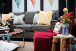 Grey sofa and red armchair living room set