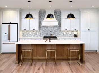 Black and white modern kitchen with wood grain island